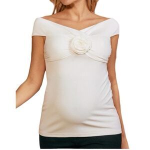 Maternity Top Womens XL White Rose Off Shoulder Flower V Neck Blouse Shirt OC3
